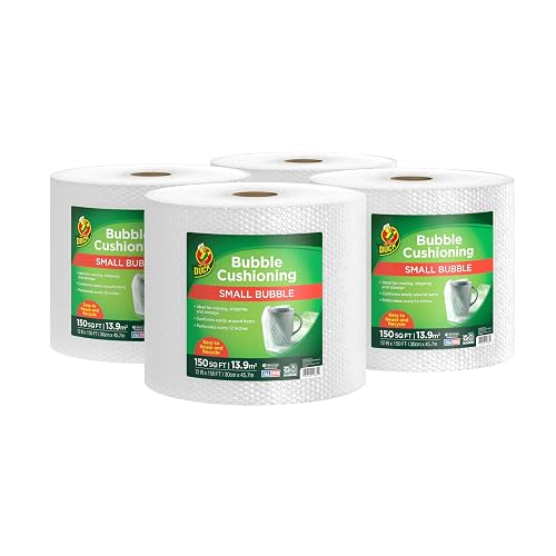 Duck Brand Small Bubble Cushioning Wrap for Moving & Shipping 600 FT Total - Bubble Packing Wrap for Extra Protection Packaging Boxes & Mailers - Clear Bubble Roll Moving Supplies 150 FT Each 4 Rolls
