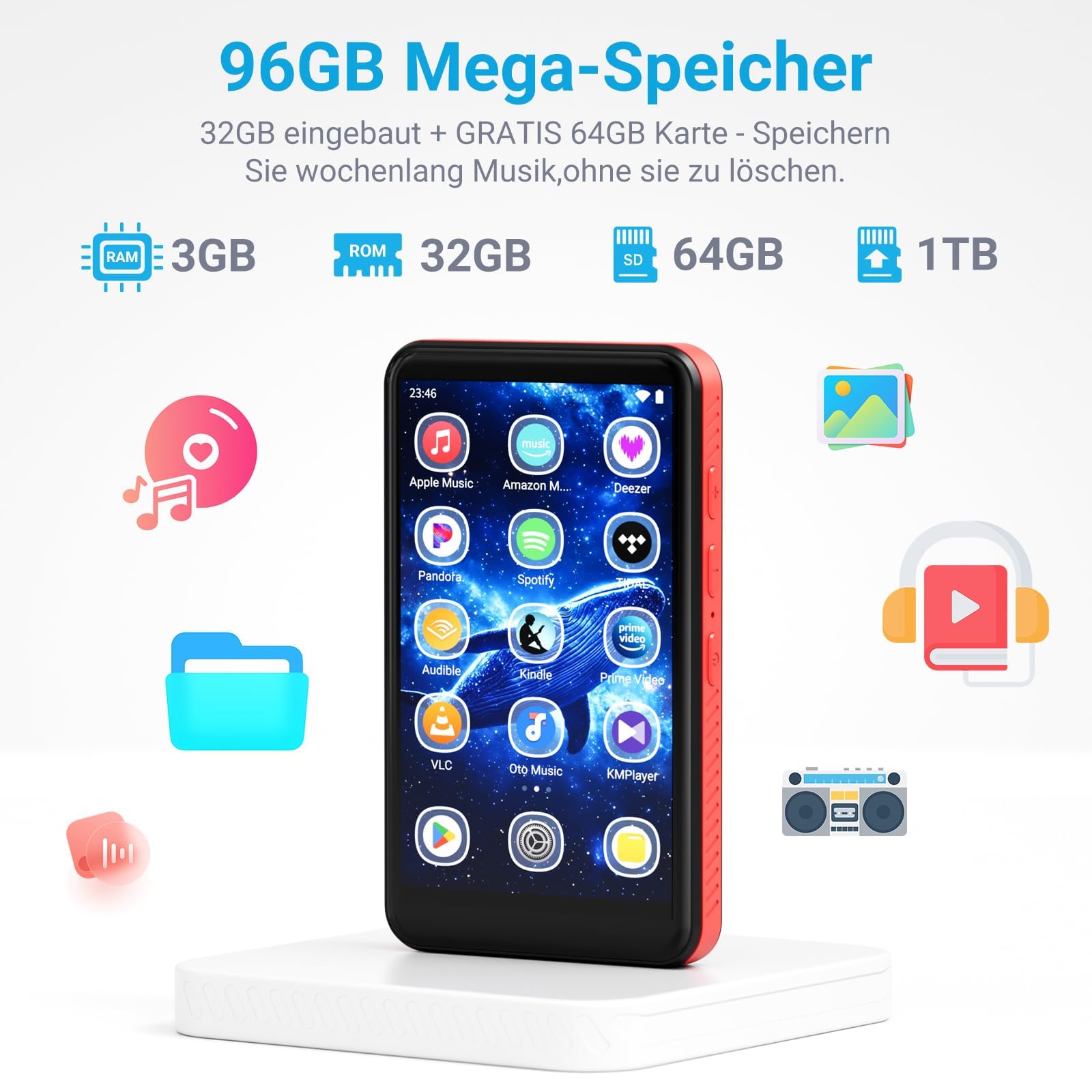 MECHEN 96GB MP3 Player Bluetooth Spotify, 4,0 Zoll Android MP4 Player WLAN, Elternmodus, FM Radio, Audible Kompatibel, Amazon Music, Deezer