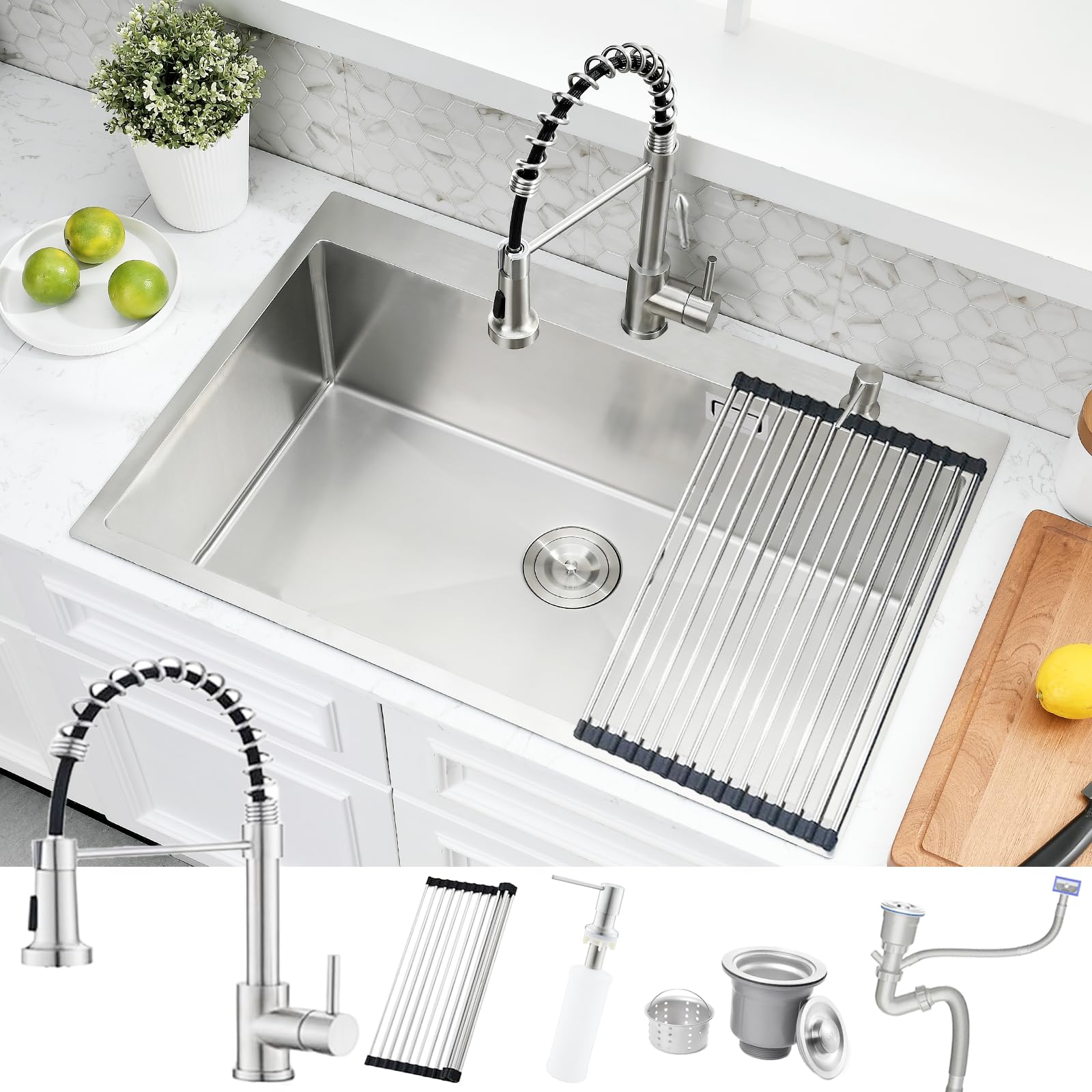 Lavello Cucina 75 x 45 cm + Rubinetto Cucina Estensibile, Lavello con Sgocciolatoio e Sifone, Lavello Cucina 1 Vasca Quadrata, Lavello Incasso con 2 Fori Rubinetto, Acciaio Inox Spazzolato