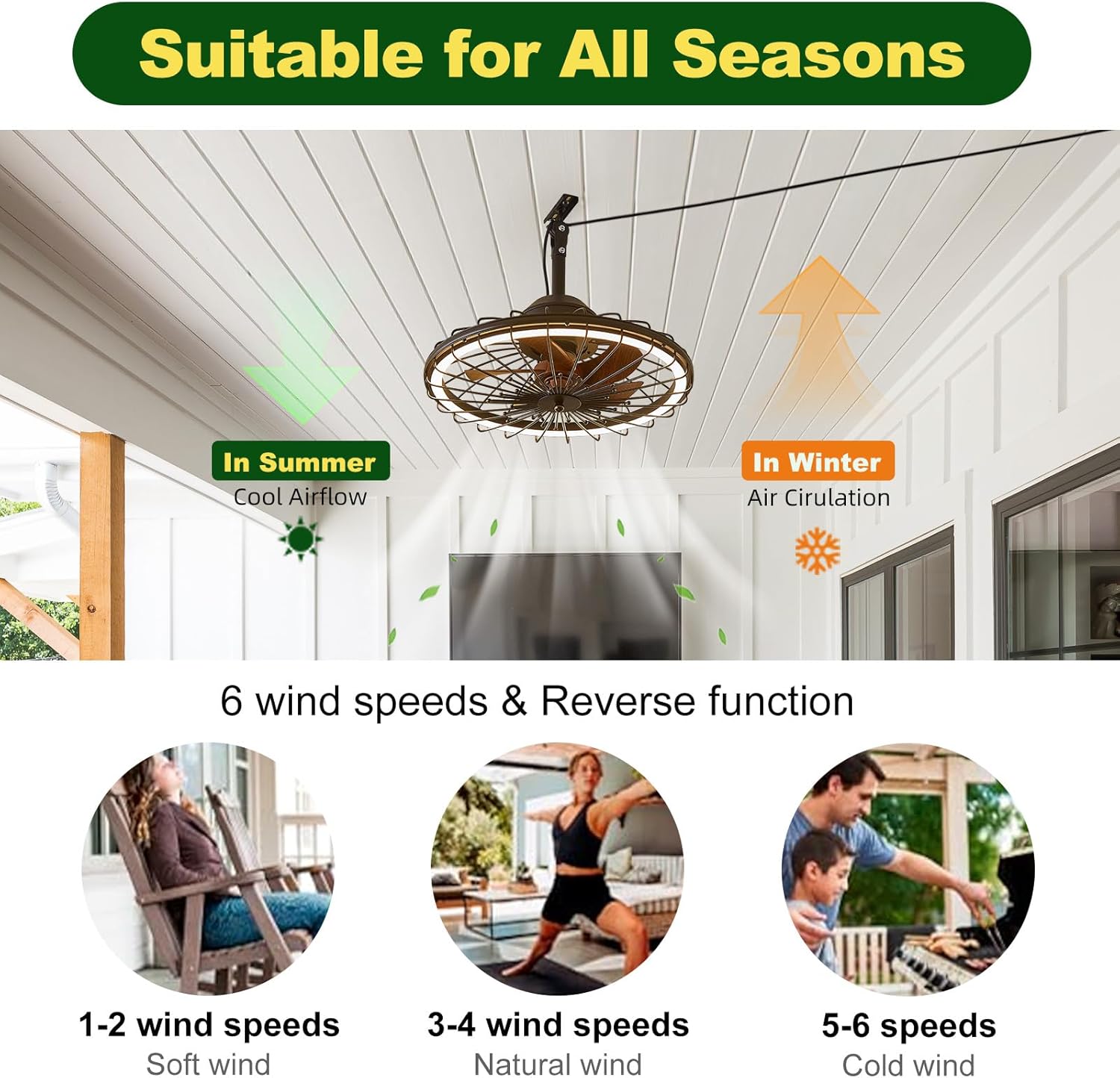 20" Outdoor Ceiling Fans with Light for Patios, IP65 Waterproof Plug in Ceiling Fan, Gazebo Hanging Fan with Remote Control App, Dimmable LED, 6-Speeds for Porch Pergola