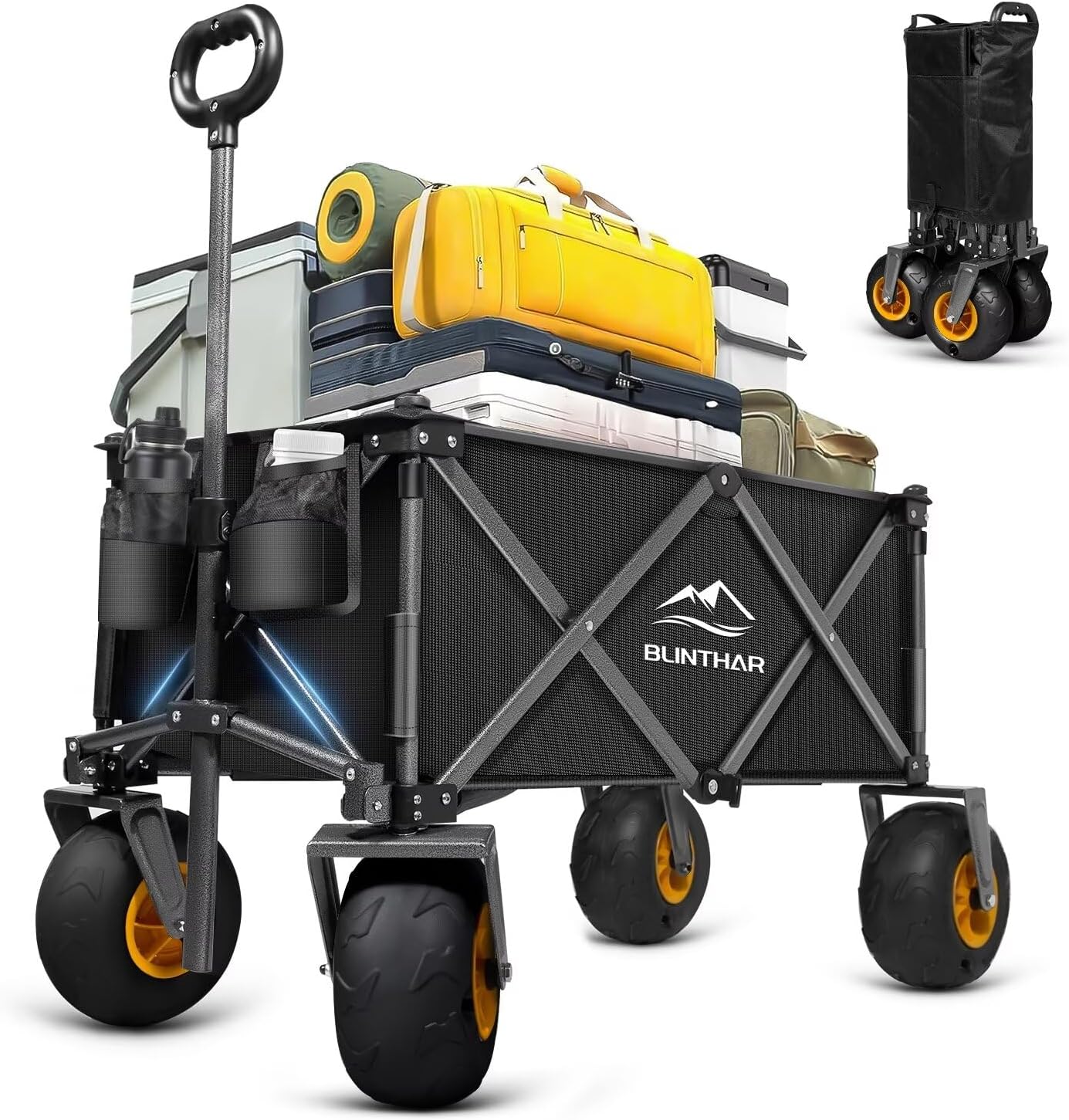 Beach Wagon, Heavy Duty Collapsible Folding Wagon with All-Terrain 9 Pneumatic Tires  Drink Holders, Utility Grocery Wagon for Garden Sports Camping Outdoor Activities