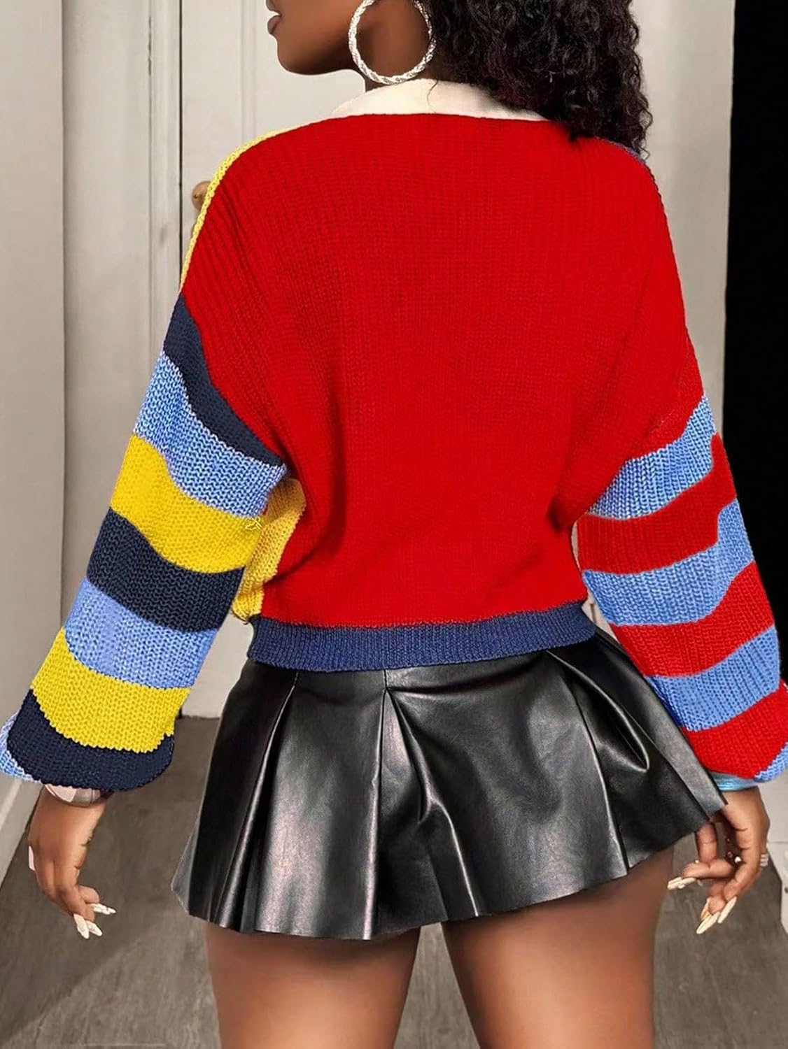 SHENHE Women's Color Block Knit Cardigan Open Front Button Down V Neck Cropped Sweater Knitwear - Image 2