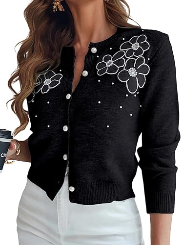 Womens Elegant 3D Pearl Embellished Floral Knit Cardigan Long Sleeve