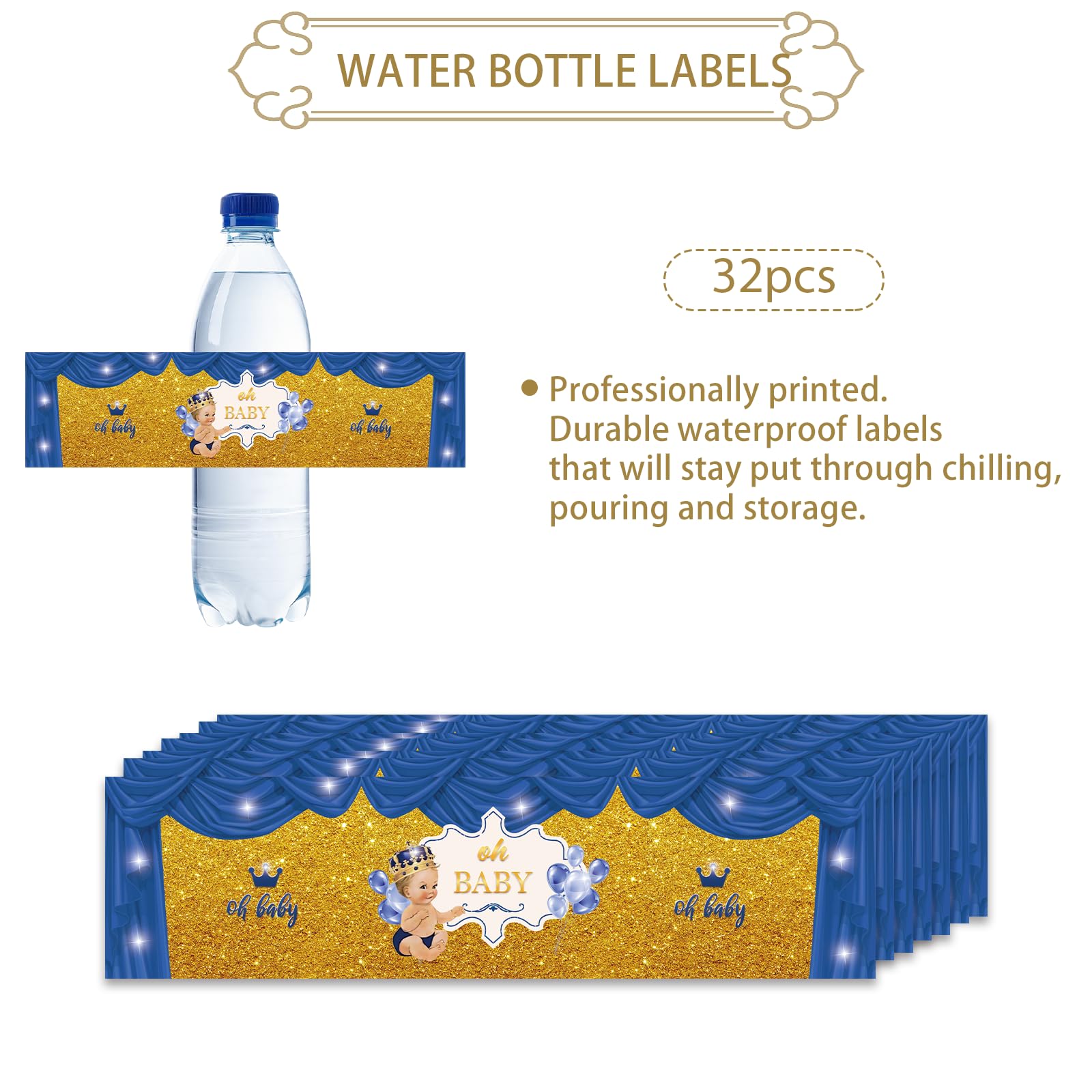 32pcs Oh Baby Water Bottle Labels, Gender Reveal Water Bottle Stickers, Baby Boy 1st Birthday Bottle Wrappers, It's a Boy Labels for Baby Shower Decoration