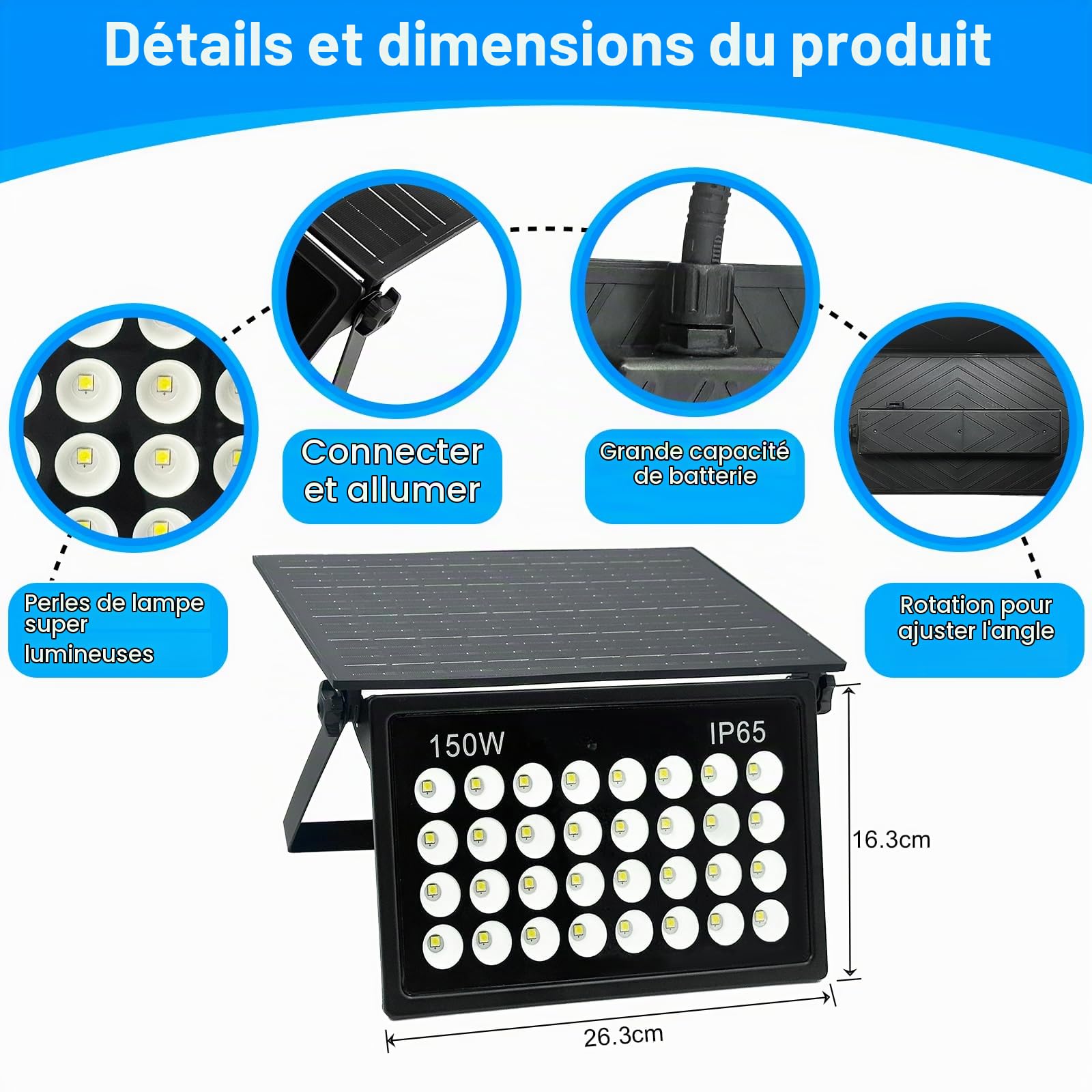 150W Projecteur Solaire, Lumière Solaire Extérieure Avec Télécommande, 6500K Spot Solaire Exterieur, IP65 Étanches Lampe Solaire Extérieur pour Porche Patio Jardin Garage Allée