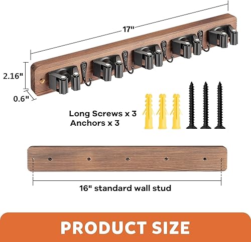 Miniatura 5 de IMILLET Soporte de pared para escoba, soporte de escoba de madera con 5 estantes y 4 ganchos, organizador de escobas, organización y almacenamiento