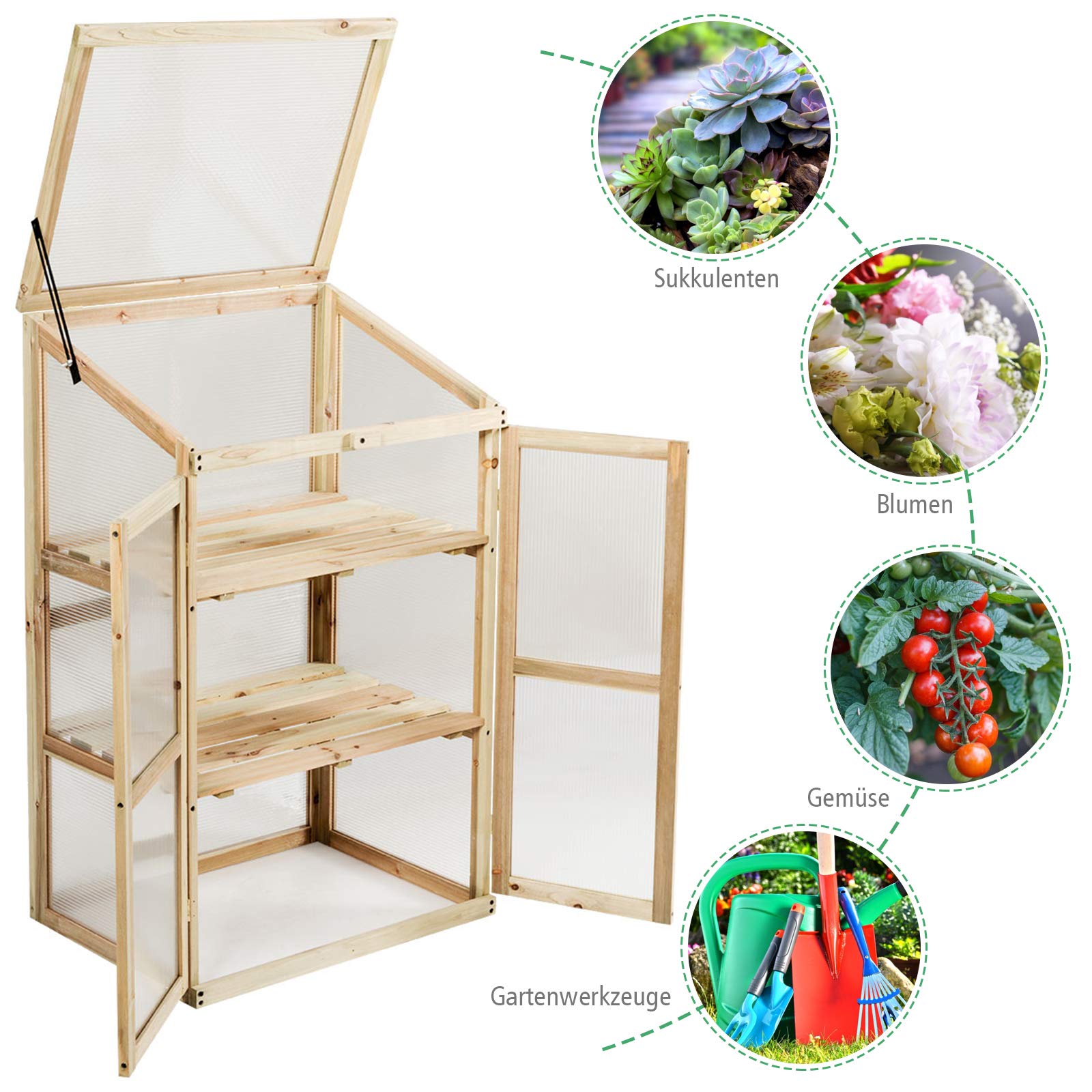 GOPLUS Frühbeet, Frühbeetkasten mit Abdeckung, Gewächshaus aus Tannenholz & Polycarbonat, Hochbeet Treibhaus für Garten & Balkon, 60 x 45 x 100 cm