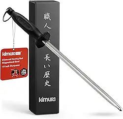 Kimura Aço de afiar diamante profissional, haste de afiar de 25,4 cm, afiador de facas de diamante, aço magnetizado, cabo de polipropileno ergonômico e equilibrado, ideal para todas as facas de chef