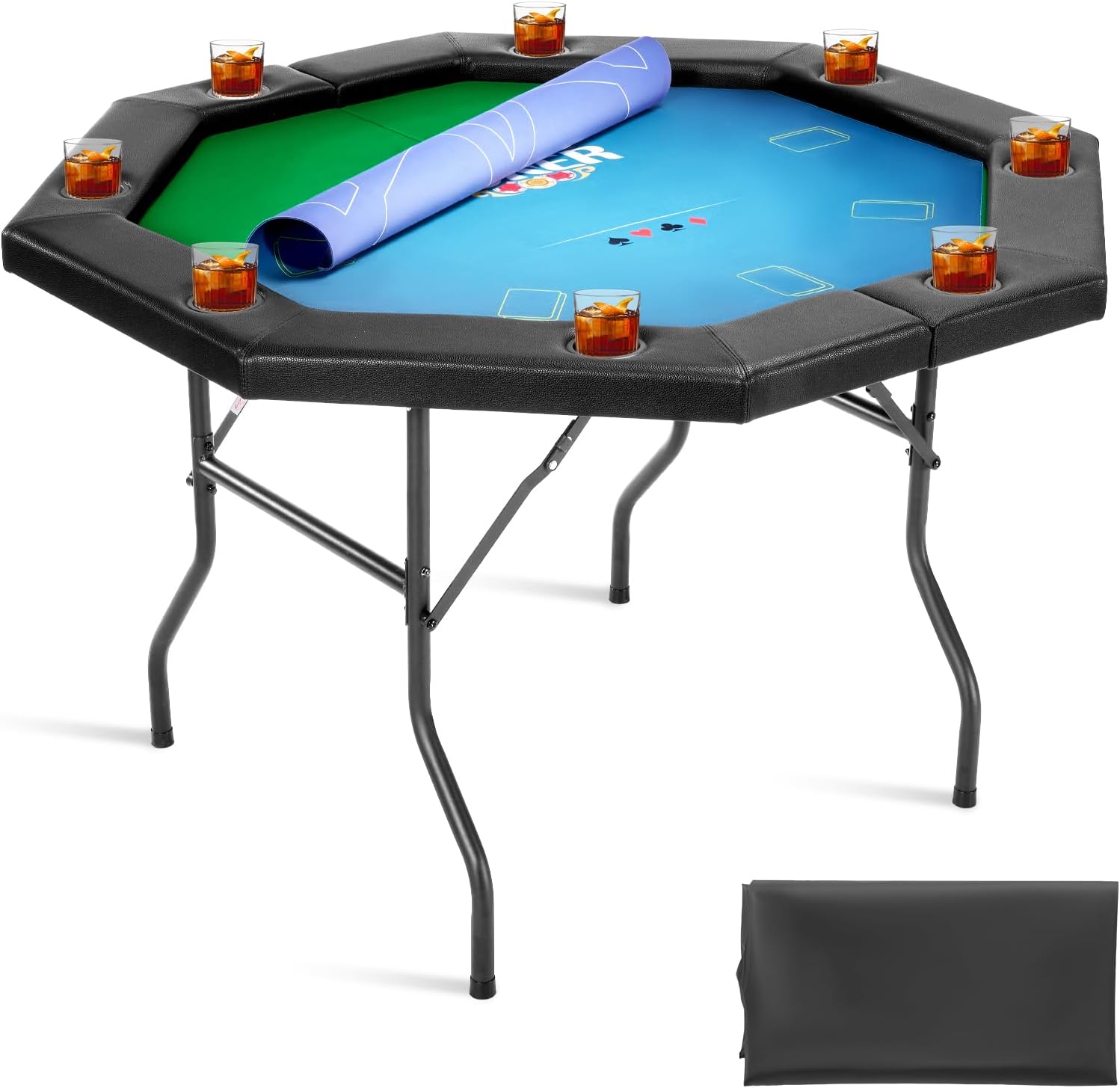 VEVOR Foldable Poker Table, 8 Player 48 in Folding Casino Leisure Table with Padded Rails & Cup Holders, Octagonal Portable Game Tables with Felt & Metal Legs, for Texas Hold'em Game and Blackjack