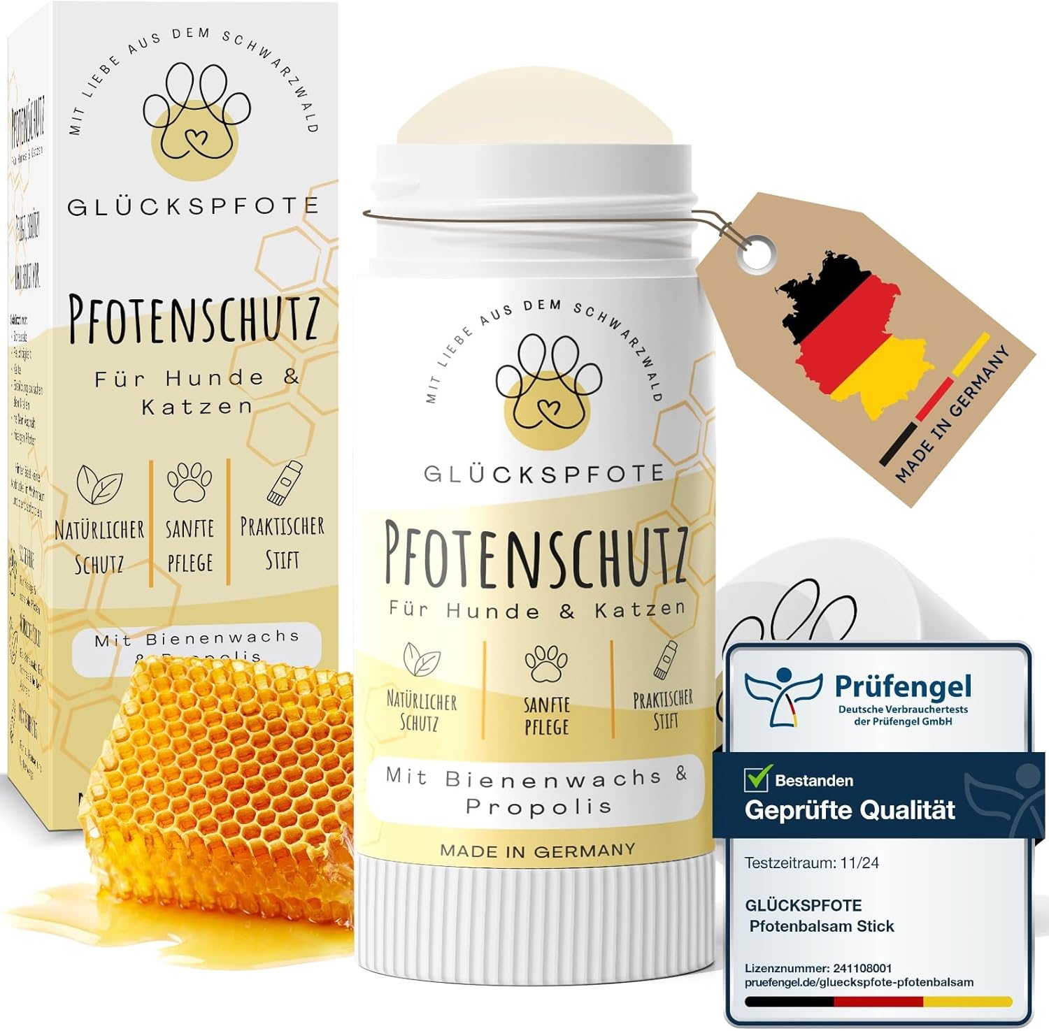 GLÜCKSPFOTE® Pfotenbalsamstift für Hund und Katze [Test Winner] | 100 % natürlich gegen trockene, rissige Pfoten | Pfotenpflege mit Bienenwachs, ideal als Pfotenschutz für den Sommer Winter für Hunde und Katzen