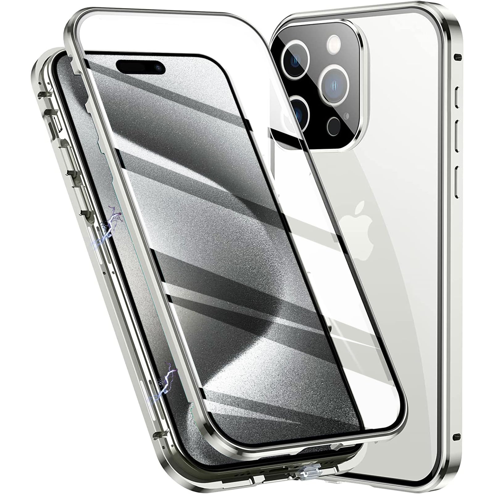 Colala Cover per iPhone 16 Pro Magnetica Adsorbimento Custodia Metallo Ultra Sottile 360 Gradi Full Body Anteriore e Posteriore ​Trasparente Vetro Temperato Protezione Cover,Argento