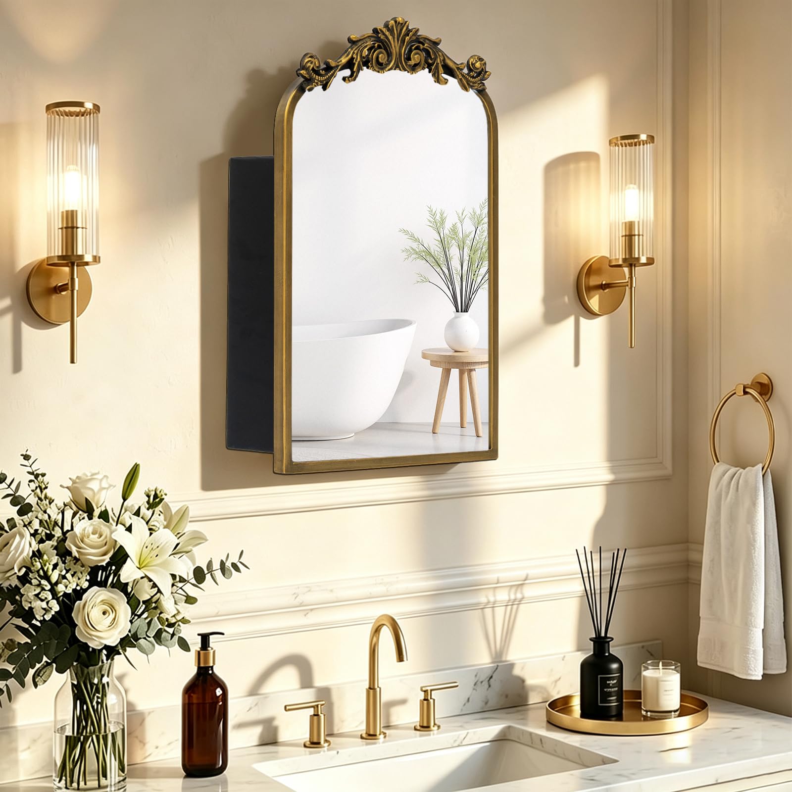 40x60cm Badezimmer Spiegelschrank mit großem Spiegel & Stauraum (38x43x10cm) - Spiegelschrank für Bad mit Resin-Blumen, Antik Gold