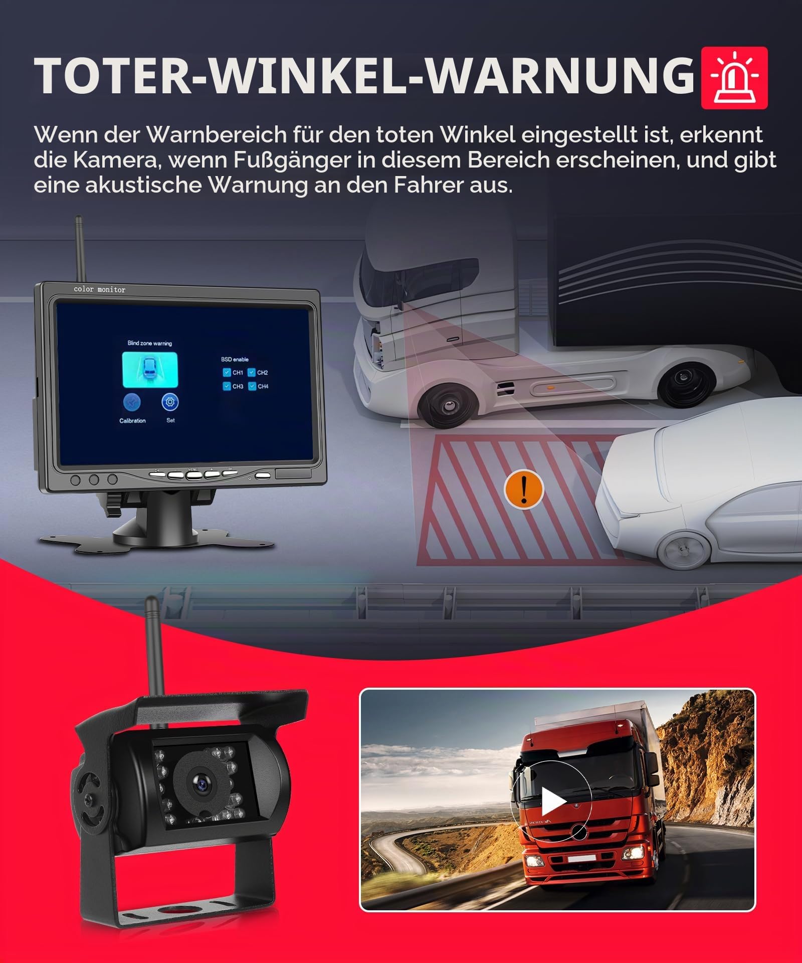 Rimoody Kabellos Rückfahrkamera Set mit 7 Zoll Monitor, 1080P Funk Rückfahrkamera IP68 Wasserdicht, Nachtsicht, BSD, Image Flip, Rückwärtshilfe für LKW/Bus/Van/Wohnmobile/Anhänger/Landfahrzeug 12V-36V