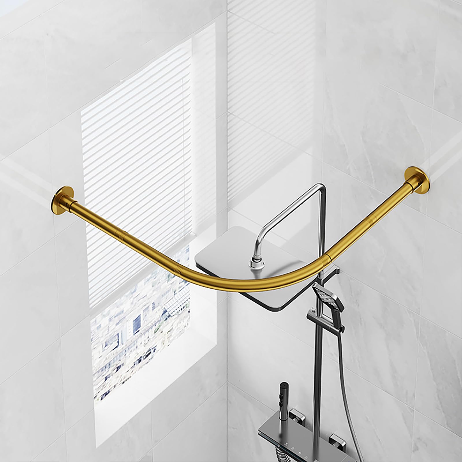 L Shaped Shower Curtain Rail, Curved Shower Curtain Rod Stainless Steel, Shower Curtain Pole No Drill, No-Sagging, Without Ceiling Support, For Bathroom Bathtubs, Gold(Size:95*95CM,Color:Gold)