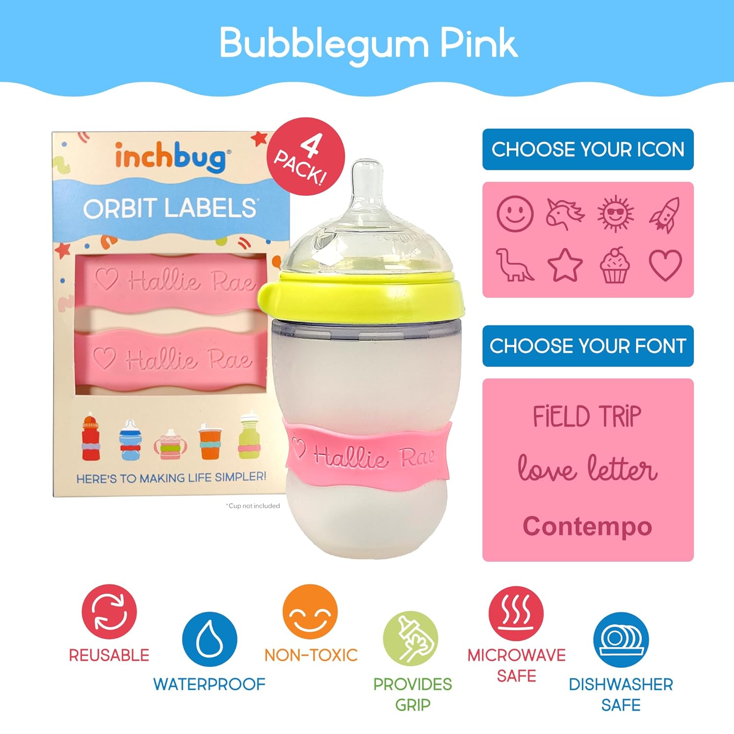 InchBug Orbit Labels Baby Bottle and Water Bottle Silicone Name Bands – Personalized Reusable Label Set for Daycare, Sippy Cups, Preschool, Elementary School, Dishwasher Safe, 4-Pack (Bubblegum Pink)