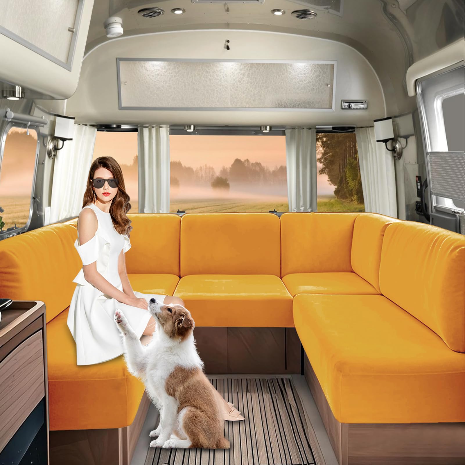 SHUOJIA Caravan Seat Covers Velvet, Motorhome Seat Cover with Elastic-band and Lacing, RV Sofa Cushion Cover for camper Washable（Gold-W160-220 cm,D65-95 cm）