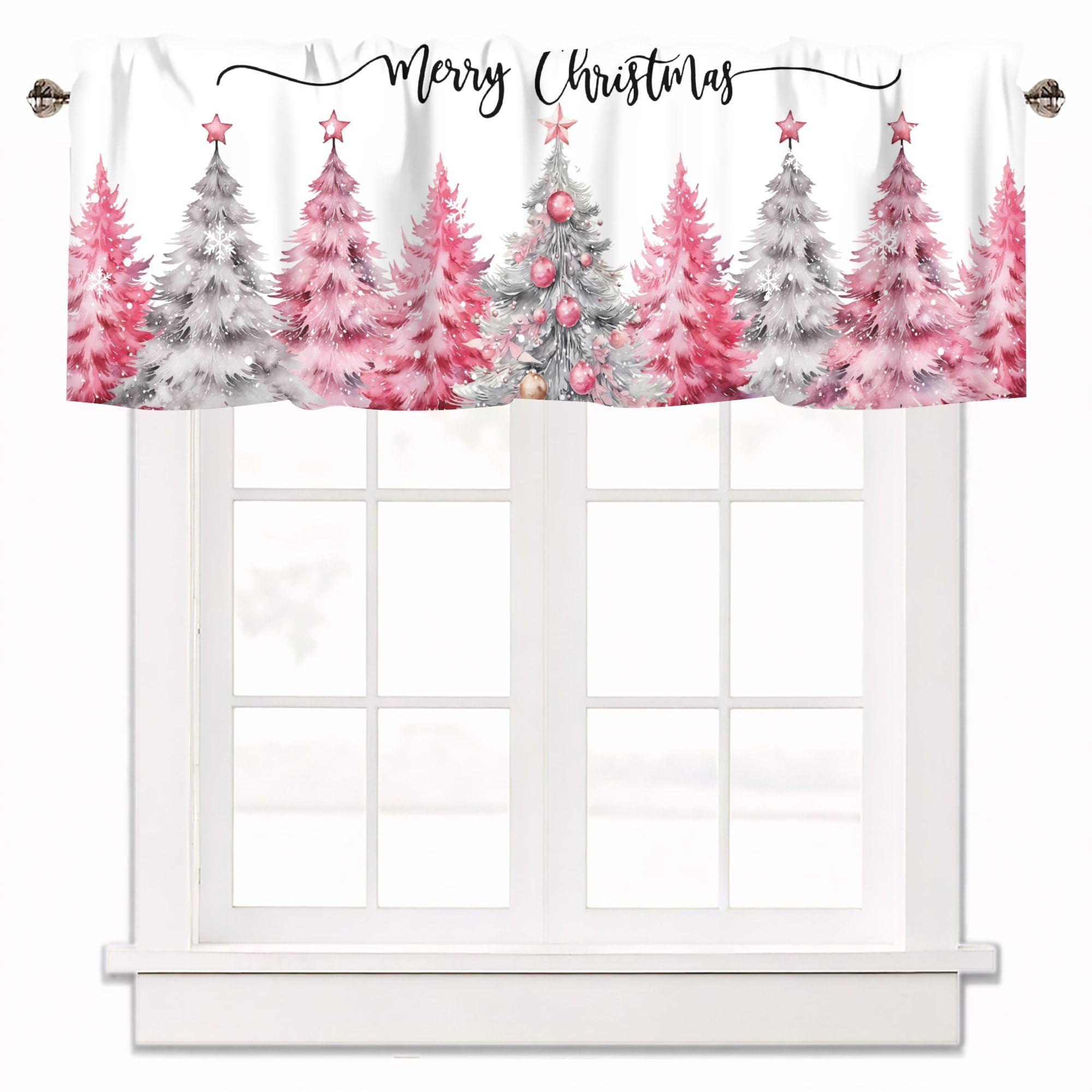 Christmas Valances for Windows, Pink Christmas Tree Curtains 42x12 Inch