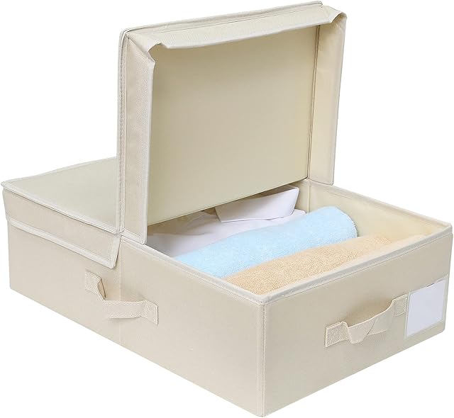 Fabric Folding Storage Box with Lid, Closet Storage Basket for Underpants, Scarves etc., Beige