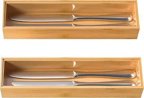 Miniatura 7 de Bandeja de cubiertos para cajón, organizador apilable de bambú para cajones de cocina, 12 x 3 x 2 pulgadas, juego de 2