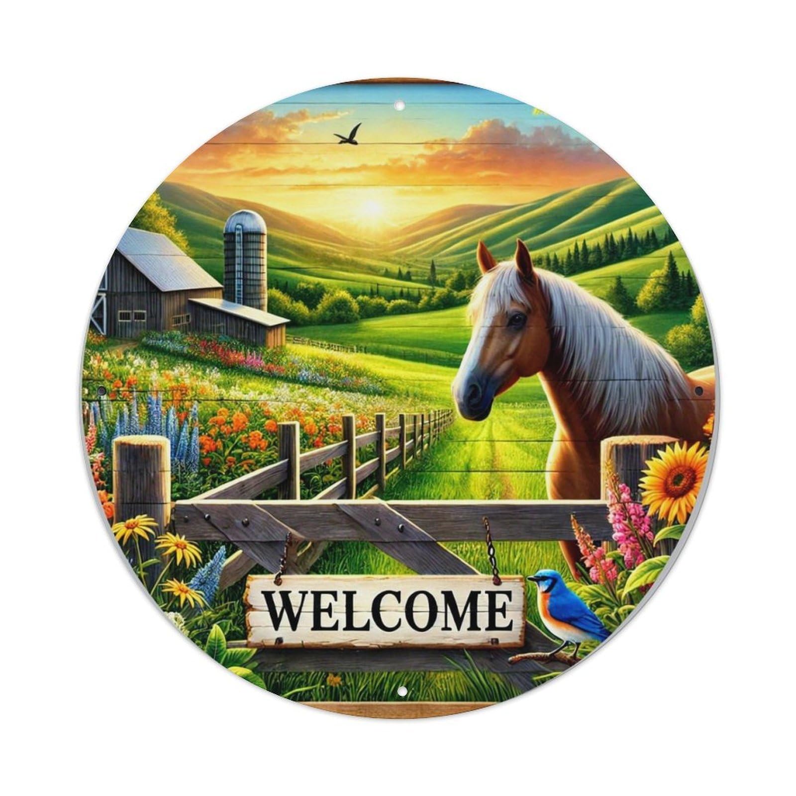 Welcome Horse Farm Sunset Scene Tin Sign Metal Poster Vintage Metal Signs for Home Man Cave Bar Cafe Kitchen laundry room Wall Decorations 8x8 inches