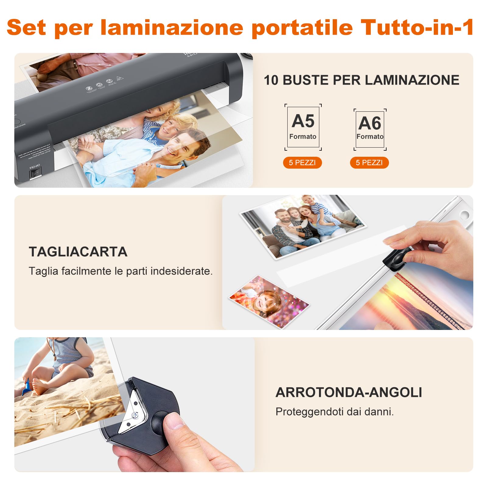 Bonsaii plastificatore A3, 5 in 1 con 10 pezzi di pellicole di laminazione A5 A6, plastificatore con taglierina per carta e arrotondamento degli angoli, protezione da inceppamenti(L318-A)