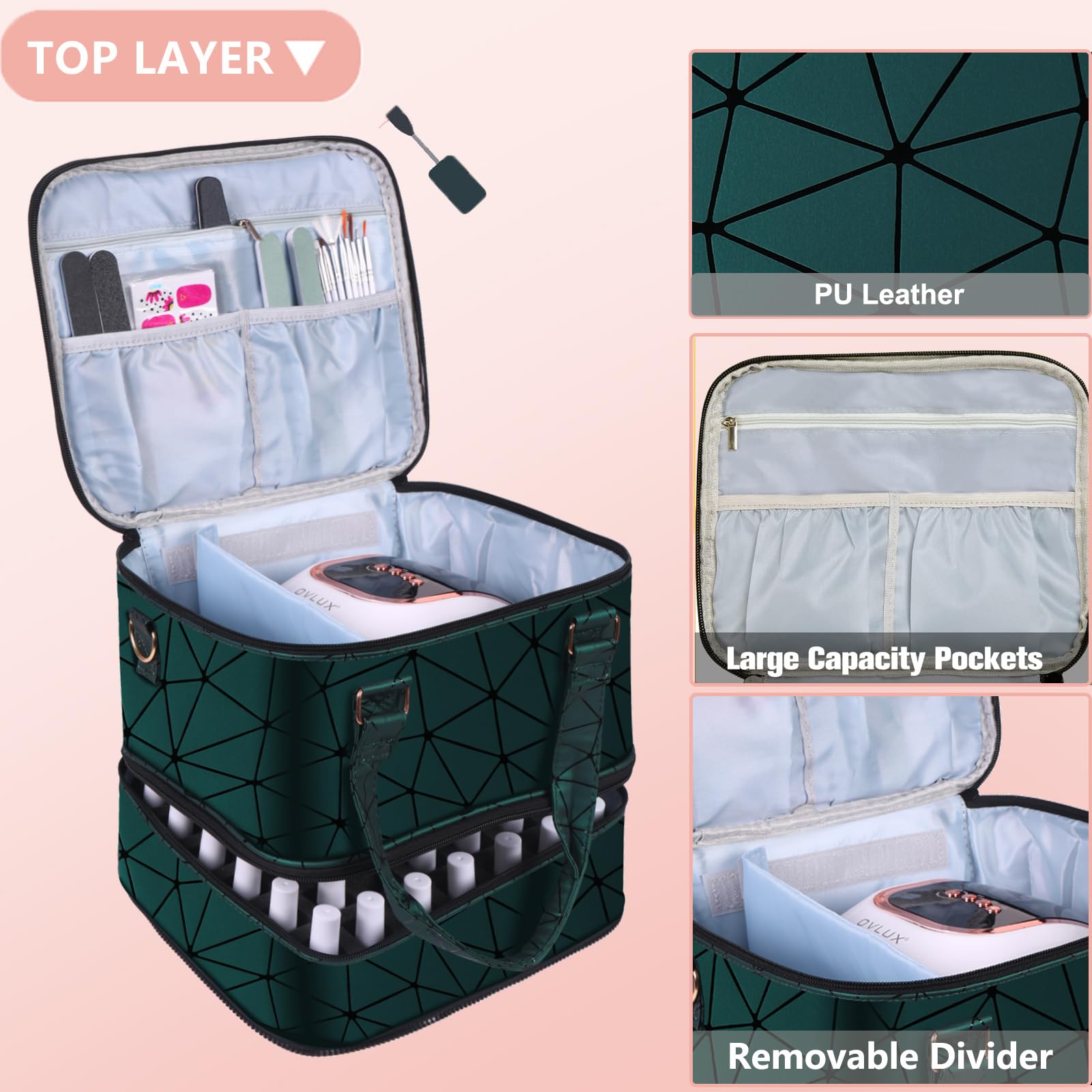FCQQYWZ Pudełko na lakier do paznokci organizer na lakier do paznokci dwuwarstwowy organizer z uchwytem organizer na zestaw do paznokci pudełko do przechowywania paznokci, Zielony, 84 BOTTLES, moda