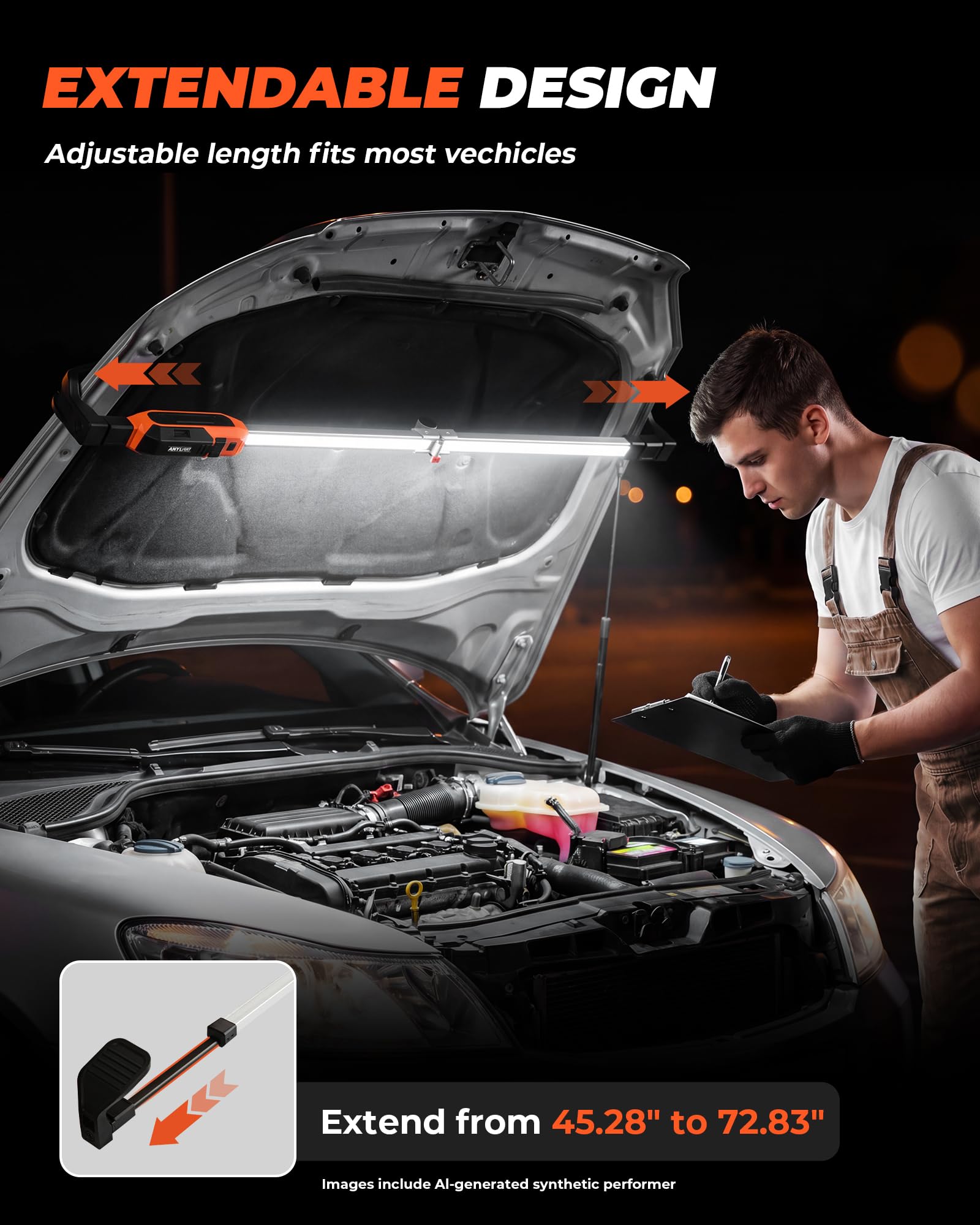 Unterhauben-Arbeitslichtleiste, 180 ° faltbares mechanisches Licht & 360 ° drehbarer Ständer, ausziehbar 115 cm - 185 cm, 1800 lm wiederaufladbares LED-Arbeitslicht, 2-in-1-Lademodi, Motorraum-Licht