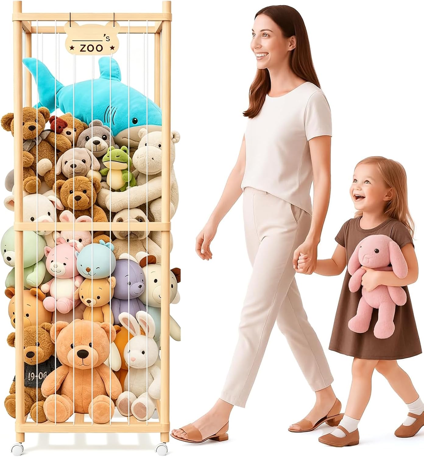Stuffed Animal Storage & Organizer, Wooden Stuffed Animal Holder, Plushies Storage with Wheels, Stuffed Animal Zoo for Toddler Rooms, Playrooms & Bedrooms, 53.54" x 15.74" x 15.74"