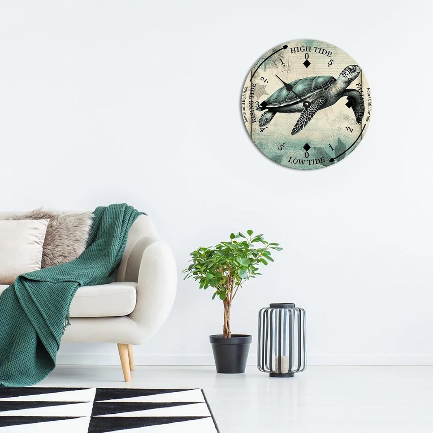 Sea Turtle Wood Tidal Clock Ocean Time Maritime Coastal Beach High Tide Low Tide Clock Rustic Wooden Nautical Tide Movement Vintage Decor for Beach House Kitchen Wall Art 15x15 in