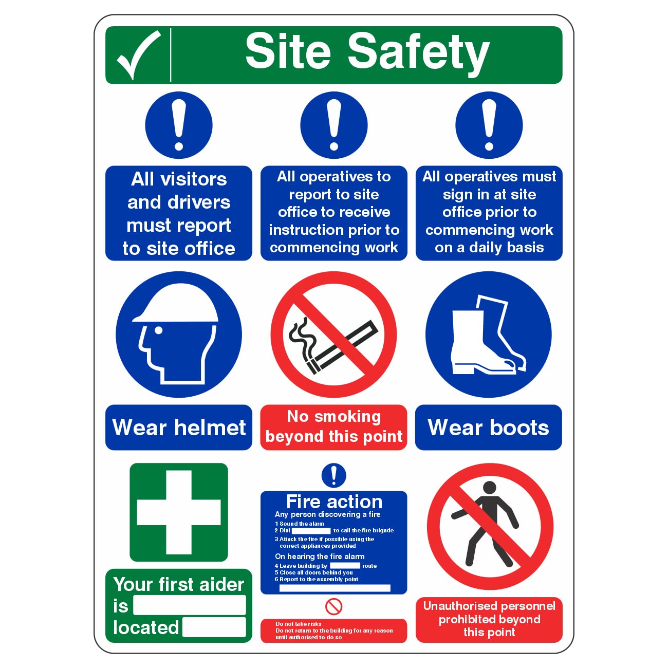 Lasting Impressions (Signs) Limited 600Mmx800mm Multi Hazard Site Safety Notice 9 Points 3 Column - Portrait Rigid Plastic
