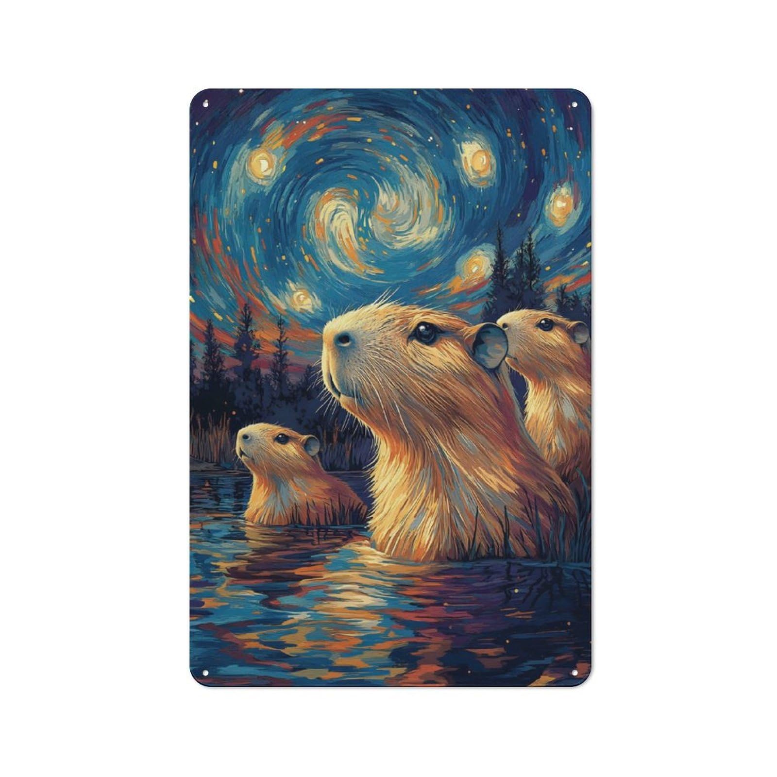 Junmoney Capybara Under Starry Night Tin Wall Plaque 30X20cm With For Pub Or Café, For Collectors Of Retro Metal Wall Decor