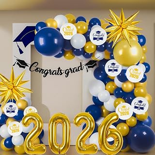 Graduation Balloon Arch Garland Kit 2026, 18" 10" Blue Gold Balloons with Congrats Grad Banner 32" 2026 Foil Balloons for Class of 2026 Party Decorations High School College Celebrations