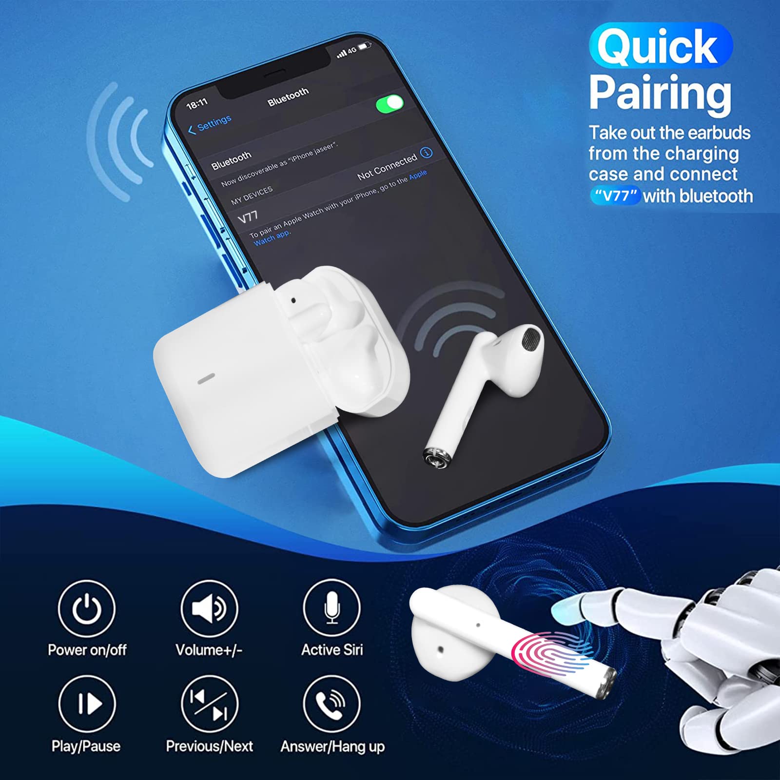 Cuffie Bluetooth, Cuffie Wireless con Microfono, In Ear Auricolari Bluetooth Riduzione del Rumore, IPX7 Impermeabili con HiFi Stereo Cuffiette, 35 Ore di Riproduzione con Controllo Touch, Bianco