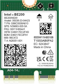WiFi 7 Wireless Card Intel BE200 NGW, Bluetooth 5.4, 5800Mbps M.2/NGFF Not Support AMD, Only Supports Intel 12th Generation and Above CPUs Windows 10/11 64bit, Linux