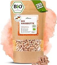 RheinNatur Bio Hagebutten Kapseln 250 Stück - 2000 mg je Tagesdosis - Reine Bio Hagebutten gemahlen in pflanzlicher Kapselhülle, vegan - Reich an Vitaminen, Mineralstoffen & Antioxidantien