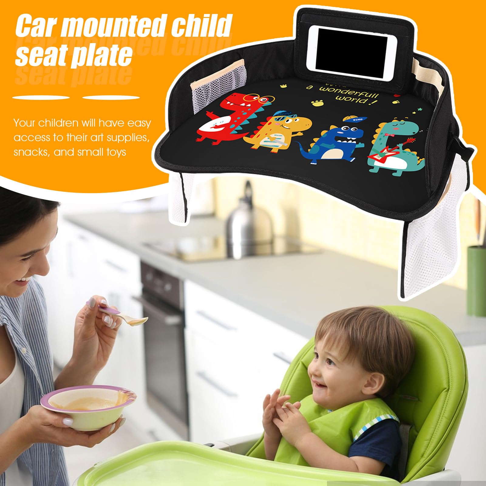 Bandeja de viaje para niños: mesa de actividades impermeable para asiento de coche, escritorio portátil con espacio para guardar juguetes | Soporte para refrigerios, superficie de dibujo para niños pe