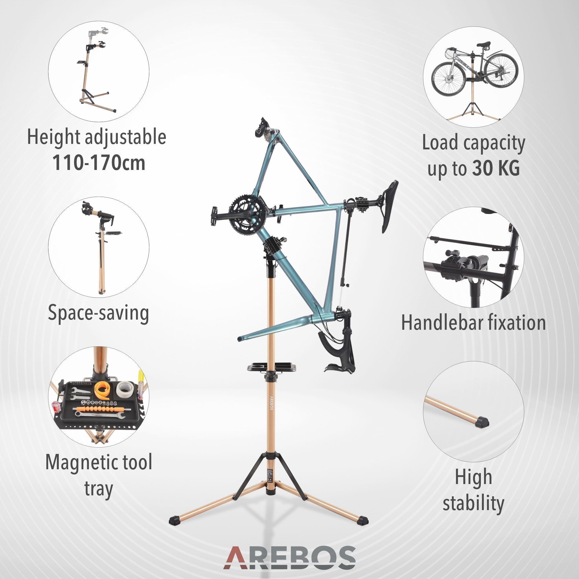 Arebos Stojak montażowy do rowerów z aluminium – profesjonalny stojak naprawczy do rowerów elektrycznych, rowerów górskich i rowerów, obracany o 360°, z torbą i mechanizmem szybkiego zwalniania, kolor