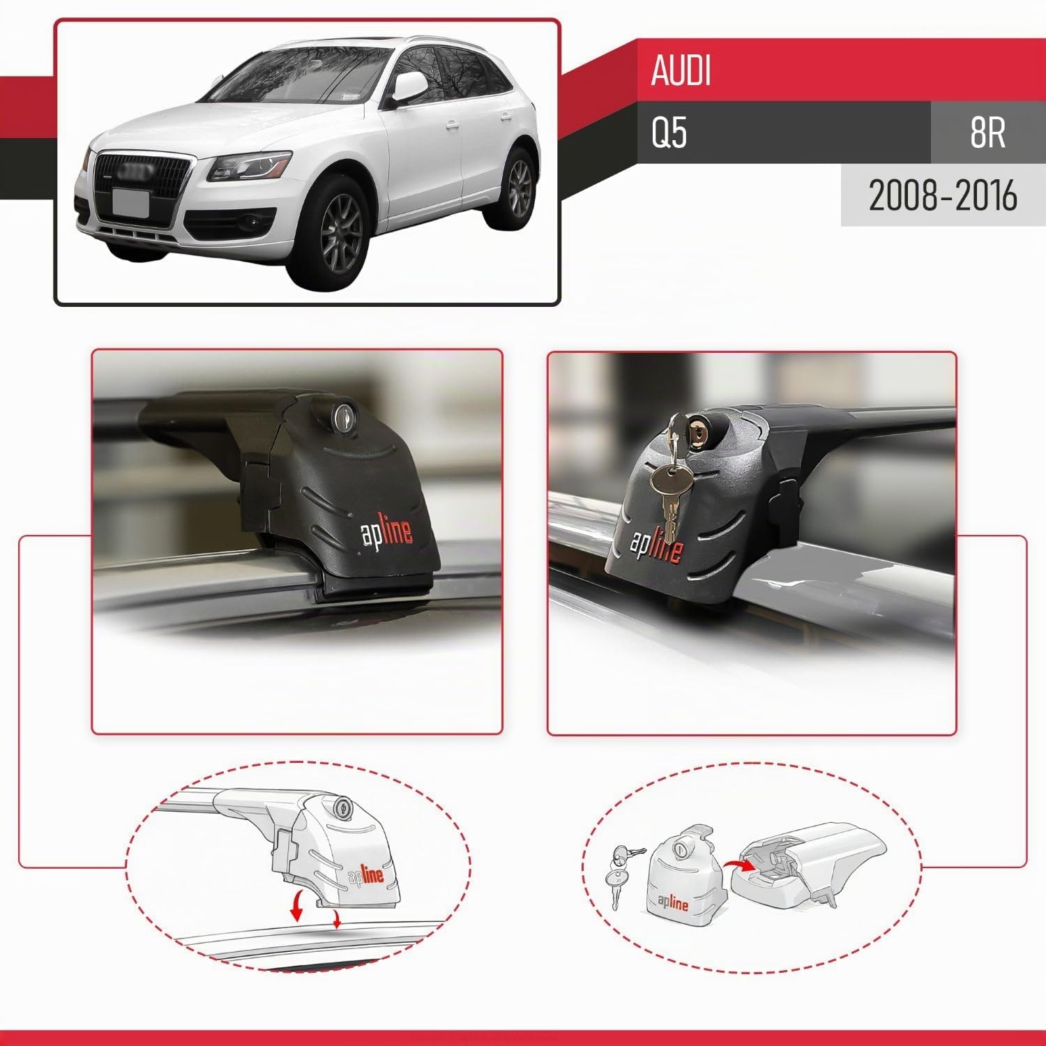 Compatible con Audi Q5 (8R) 2008-2016 Modelo Ace-2 Barra de Techo Auto Portaequipajes Barras Transversales Negro Aluminio 2 Barras