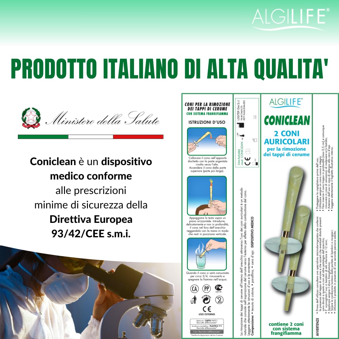 ALGILIFE ConiClean Coni Orecchie Cerume con Cera d'Api, Pulizia Orecchie Adulti con Filtro Frangifiamme, Candele Auricolari per Rimozione Tappi di Cerume Naturali e Sicure (2 coni auricolari)