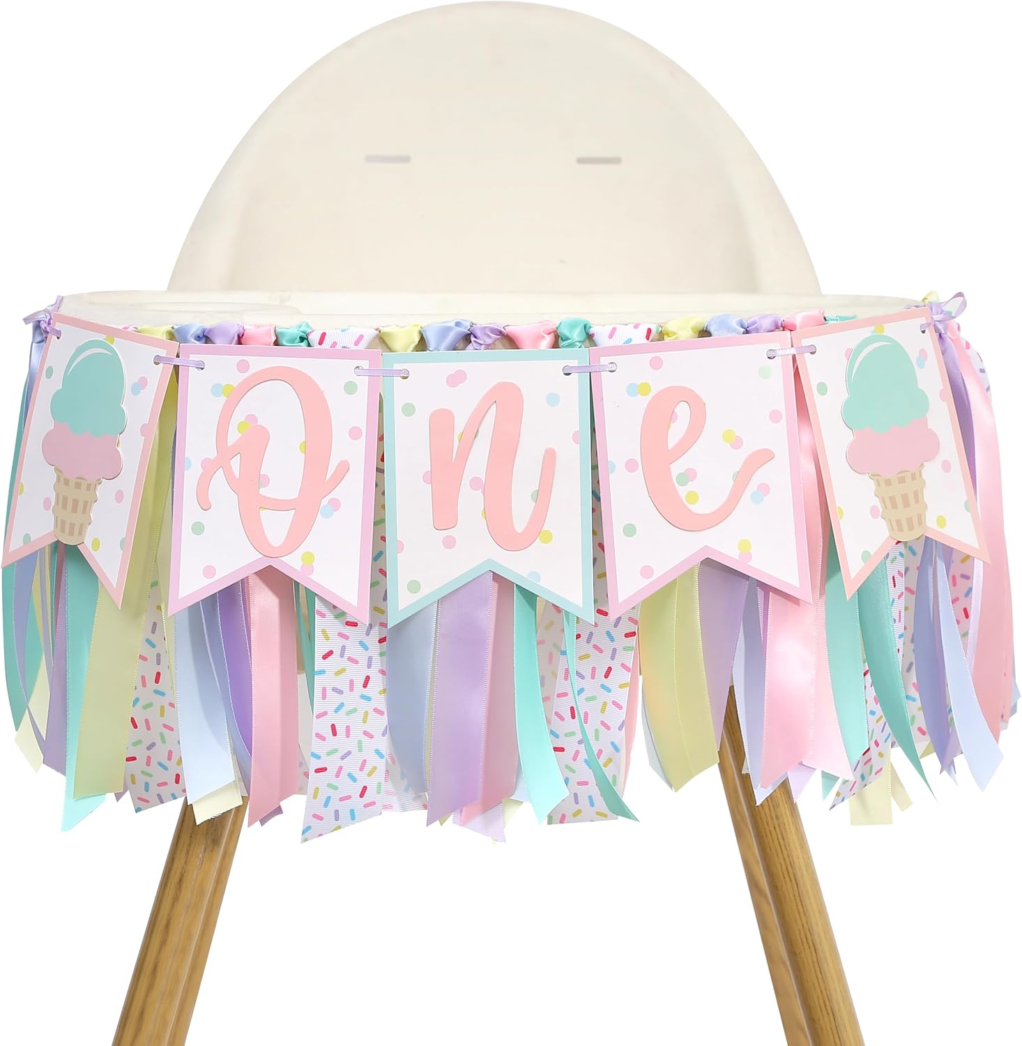 Girl First Birthday High Chair Banner - Sweet 1st Birthday Party Decorations for Baby Girl, Summer Ice Cream Themed Cake Smash Supplies, Hanging Banner for Photoshoot & Highchair Decor
