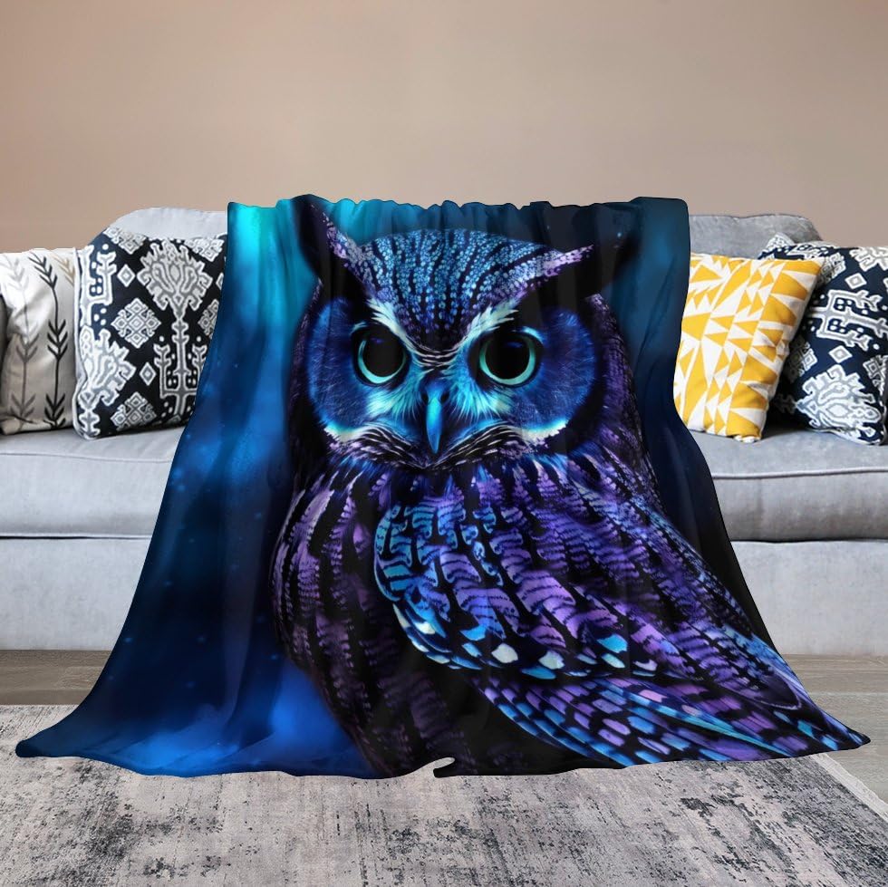 Couverture chaude toutes saisons hibou bleu en flanelle douce pour lit et salon