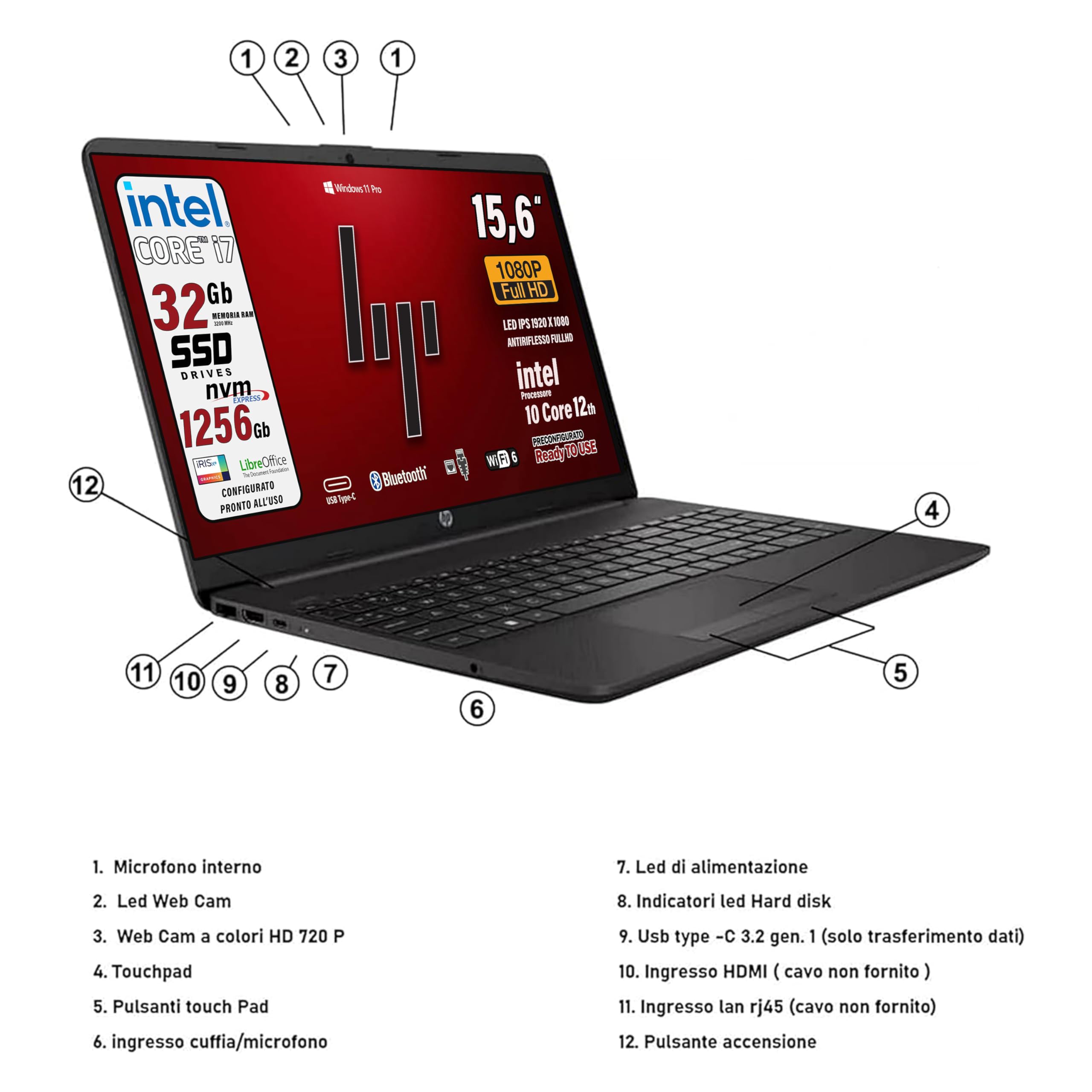 HP 250 G9, Pc portatile notebook, Intel Core i7 12Th, 10 cORe, Ram 32 Gb, SSD Pci Nvme da 256 + SSD da 1Tb, Display IPS 15.6" FullHD IPS, Win 11 Pro, portatile pronto all'uso, Garanzia Italia