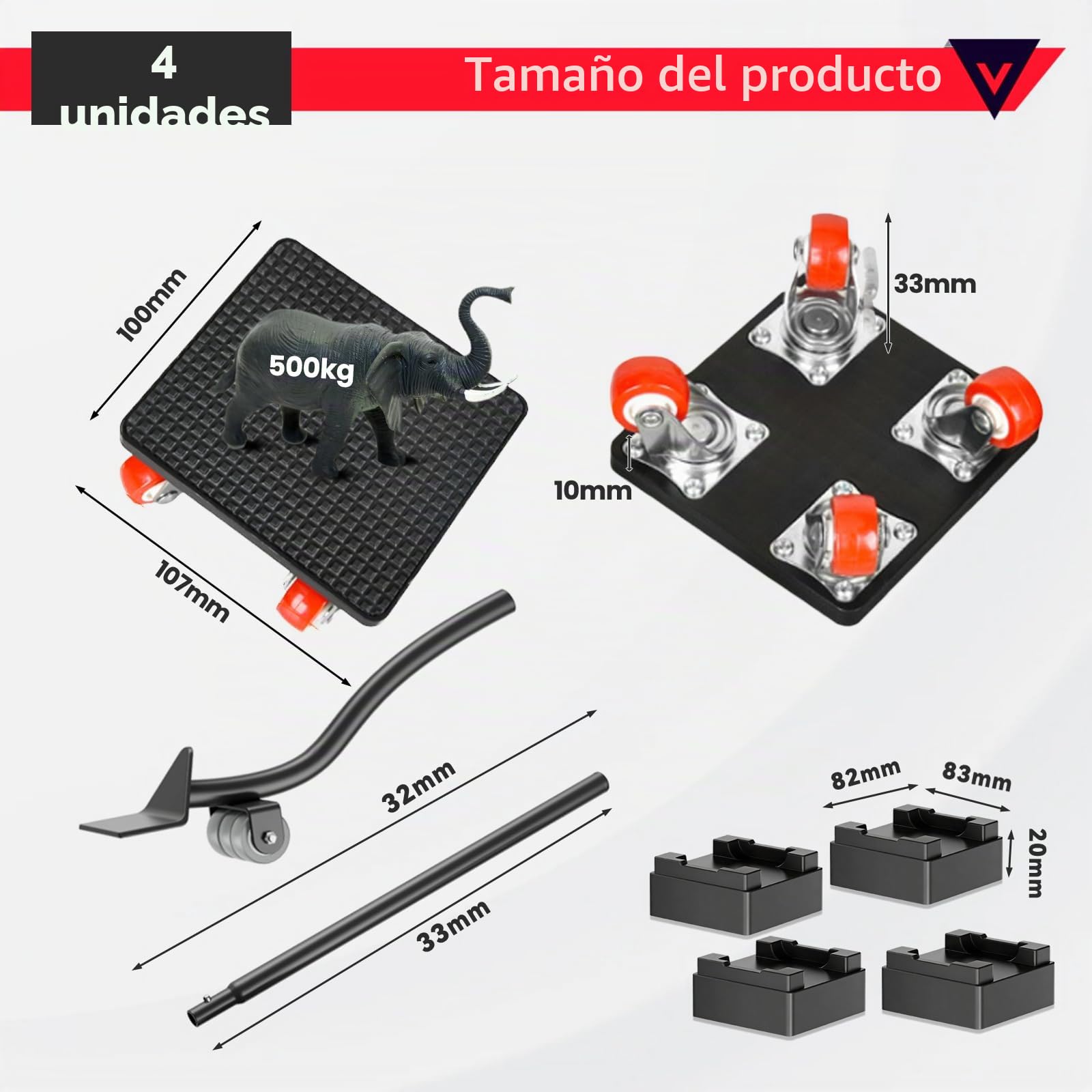Juego de Elevador de Muebles, Ruedas para Mover Muebles con Barra de Extensión de 630 mm, 4 Ruedas 360 Grados para Muebles, Carga Máxima 500 kg, para Mover Refrigeradores, Sofás, Lavadoras, etc.