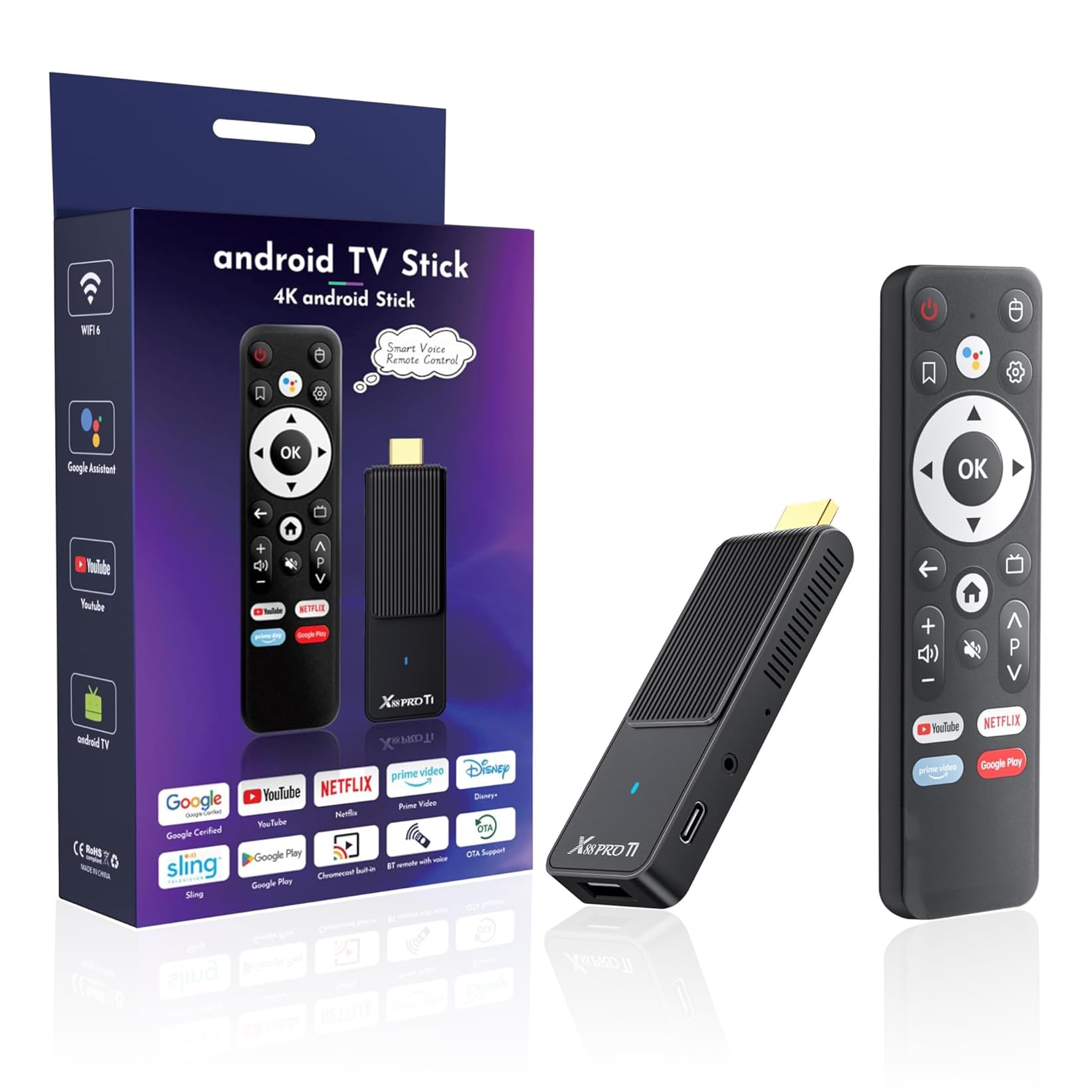 Clé TV Android 14.0, Ultra 4K HD Android Box Smart TV Stick avec télécommande vocale 2 Go de RAM 16 Go de ROM Puce RK3518 Double WiFi 6 2.4 et 5.8 Bluetooth 5.0 HDR10 Support vidéo et audio Noir 2026