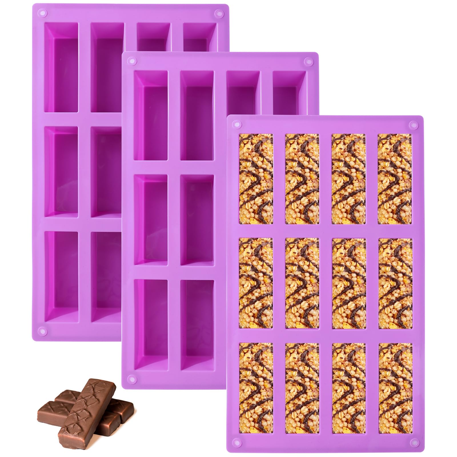 Molde De Silicona Para Barritas Energéticas - Juego De 3 Moldes Rectangulares Con 12 Cavidades | Antiadherente Y Apto Para Horno