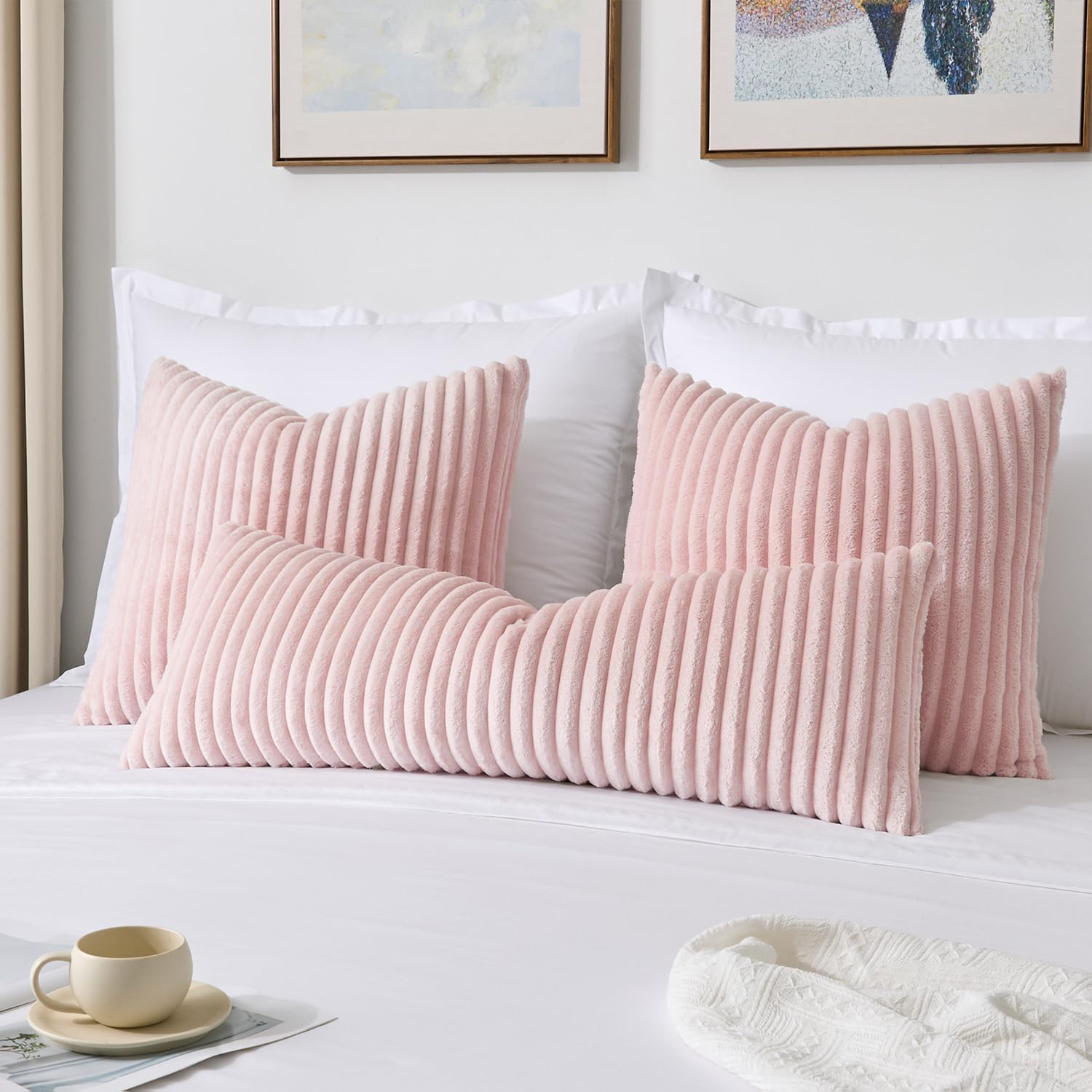 Kevin Textile Valentines Soft Plush 14x36 Inch Long Lumbar Pillow Cover 1 Pack, Luxury Fluffy Faux Fur Striped Rectangle Body Cushion Case for Girls Gift Couch Sofa Chair Bed Home Decor, Light Pink