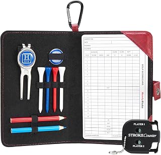 Handy Picks Golf Scorecard Holder n Yardage Book Cover in Genuine Leather - Divot Repair Tool, Ball Marker, Golf Tees, Pencil n Scorecards, Scorer Included, Gift for Golfers
