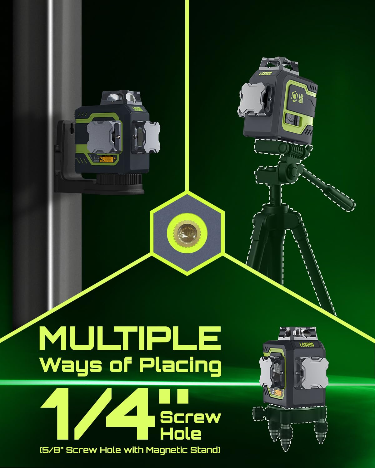 LasGoo LG-3DM Livella laser verde, laser a linea 3x360° autolivellante per edilizia e appendimento quadri, batteria integrata da 5200 mAh, cavo Type-C, supporto rotante magnetico incluso