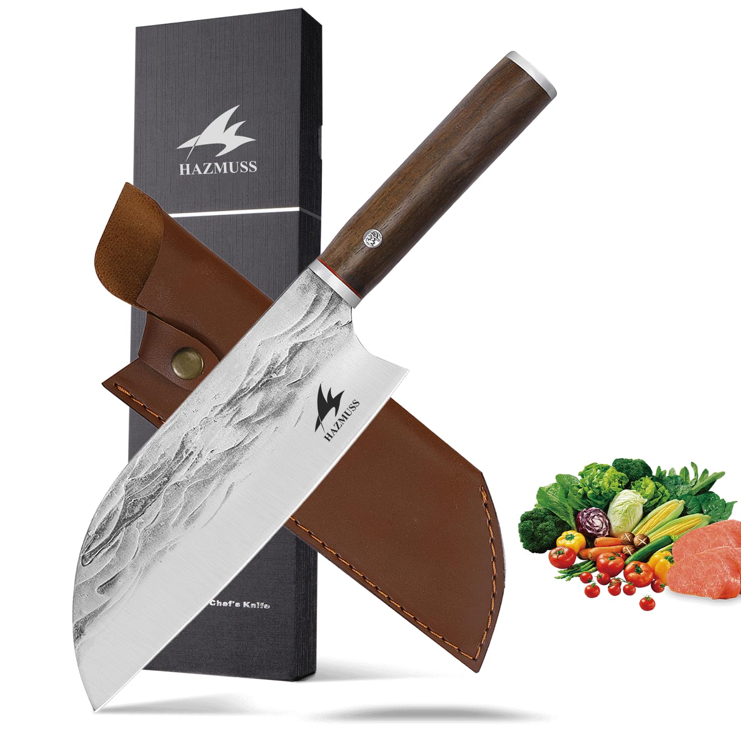 Coltello da Chef Artigianale 19,5 cm, Acciaio Alto Carbonio Affilato, Manico Legno di Frassino + Fodero in Pelle, Ideale per Cucina, Outdoor e Barbecue