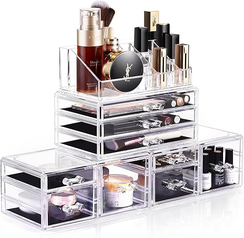DreamGenius Makeup Organizer, 4 Pieces Acrylic Makeup Storage Box with 9 Drawers for Lipstick Jewelry and Make